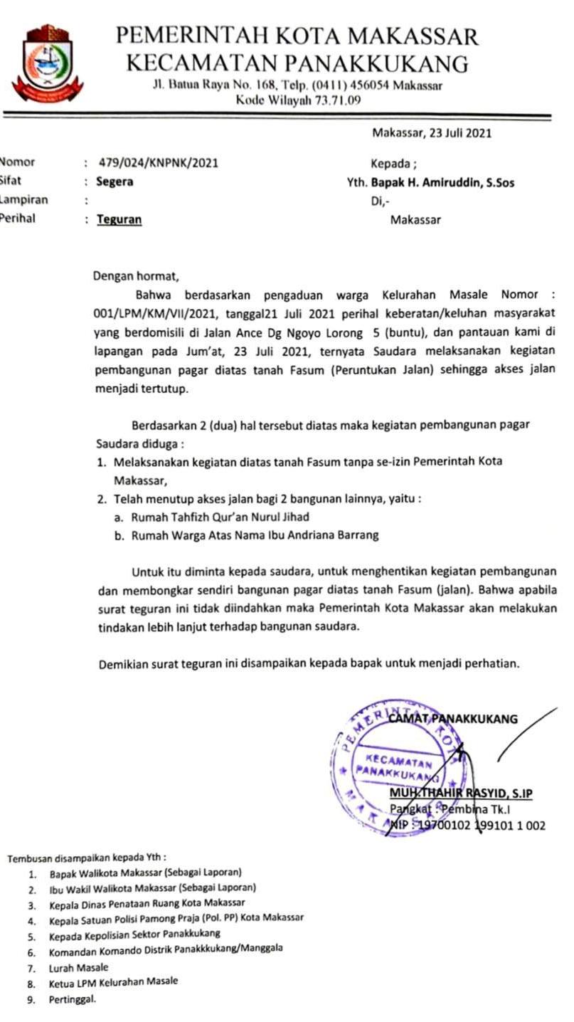 Pemkot Makassar Tegur Pihak yang Membangun di Atas Tanah Fasum di Panakukang